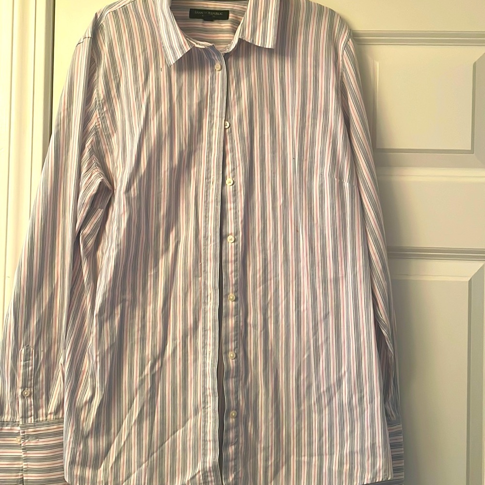 Banana republic, size 12, women’s button-down dress, shirt, pink, gray, white